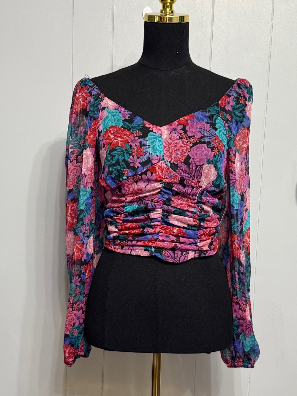 #19)  Floral Ruched V-Neck Blouse in Pink & Teal